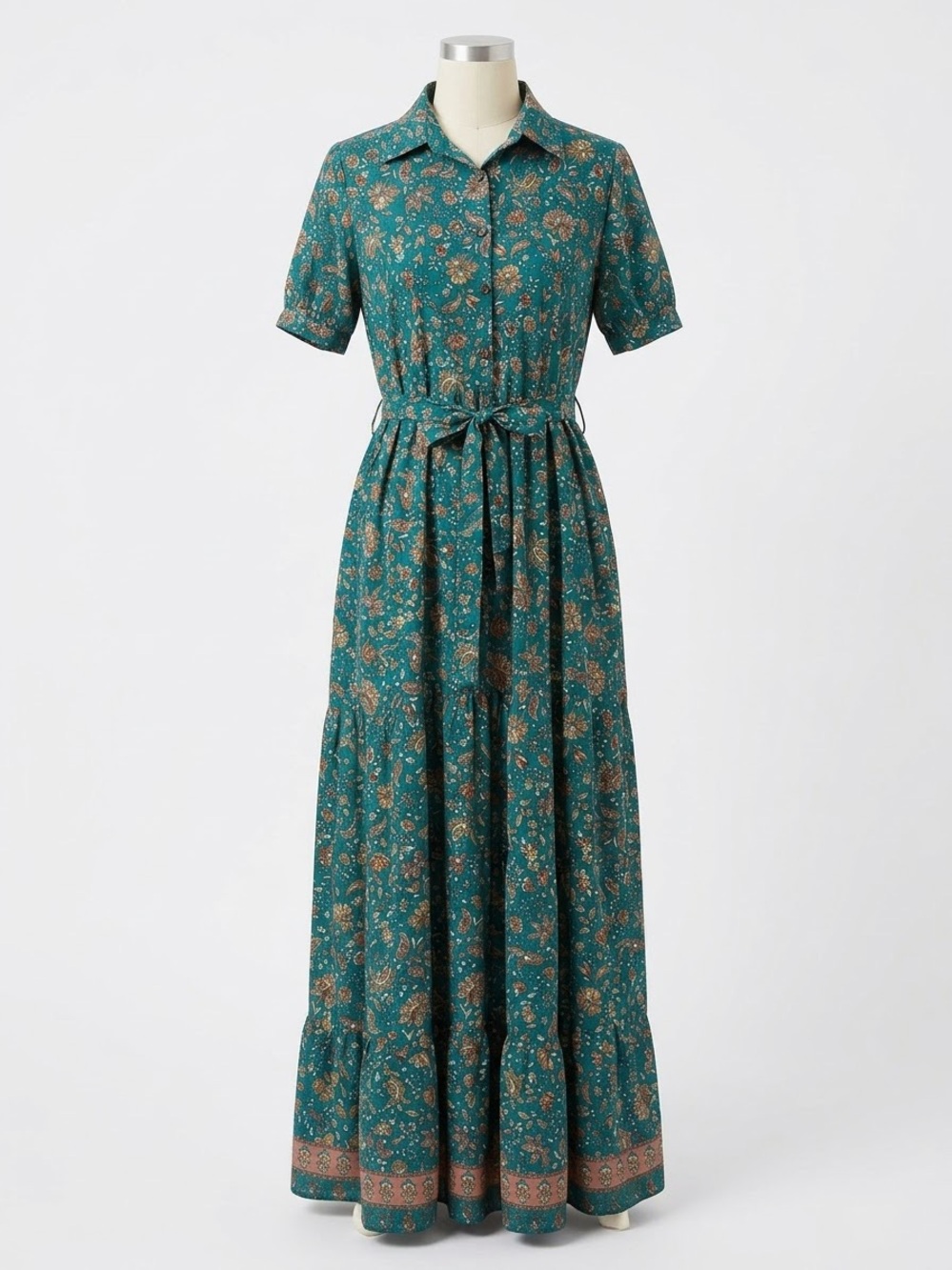 Teal Floral Button-Front Maxi Dress with Tie Waist